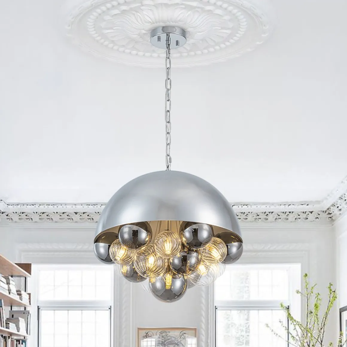 Designer Cluster Glass Globe Metal Dome Pendant Light