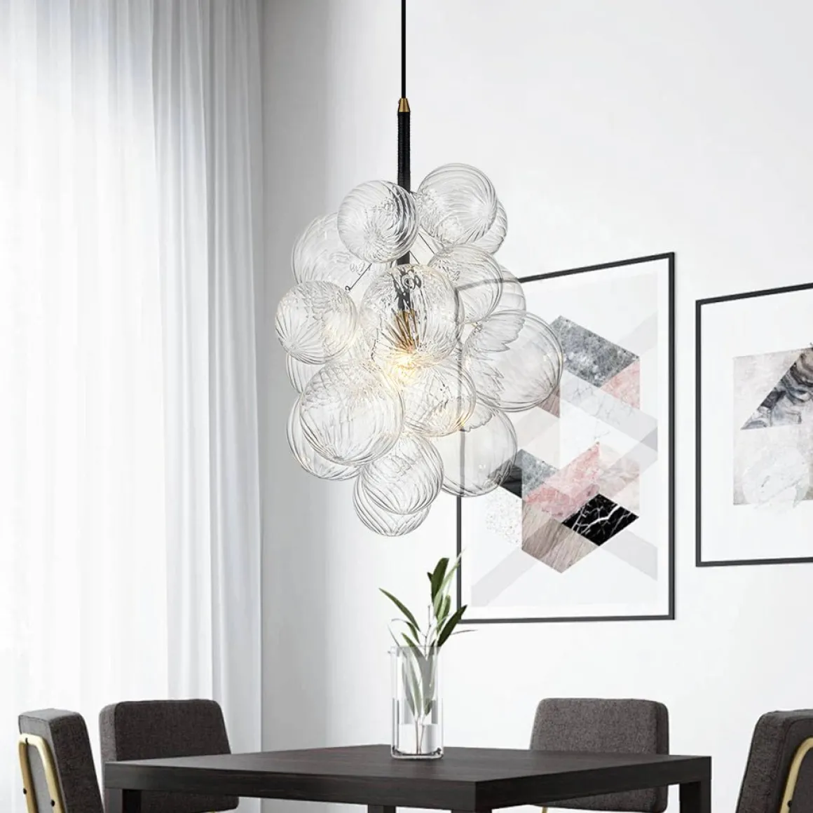 Dimmable Cluster Ribbed Glass Bubble Chandelier Pendant Light