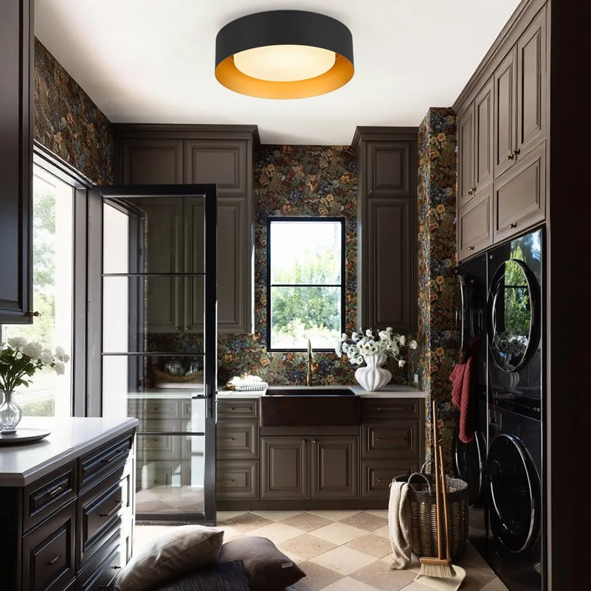 Dimmable LED Black Iron Milky Glass Round Drum Ceiling Light