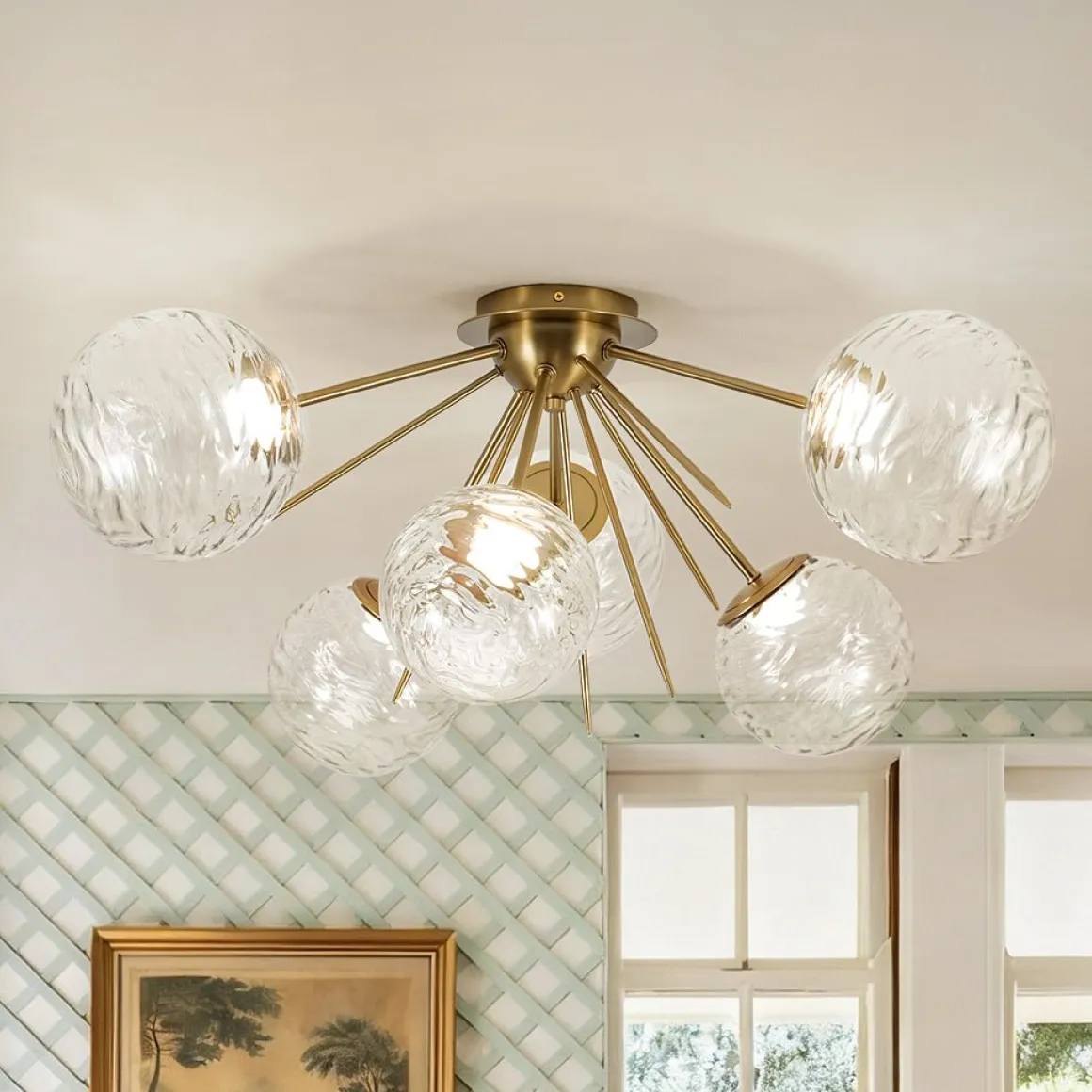 Dimmable LED 6-Light Ripple Glass Sputnik Semi Flush Chandelier
