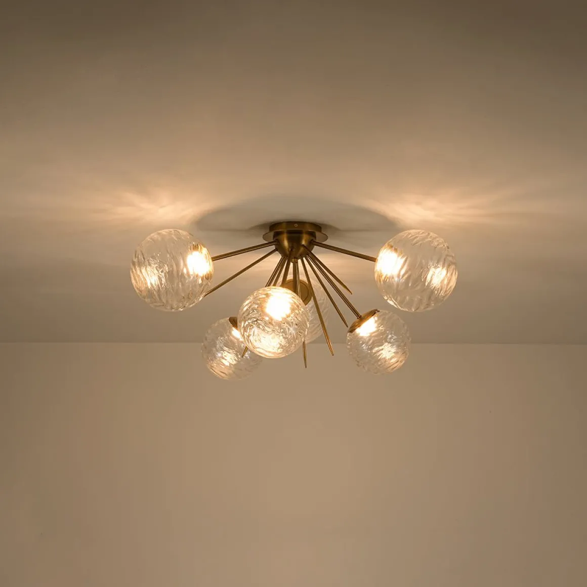 Dimmable LED 6-Light Ripple Glass Sputnik Semi Flush Chandelier