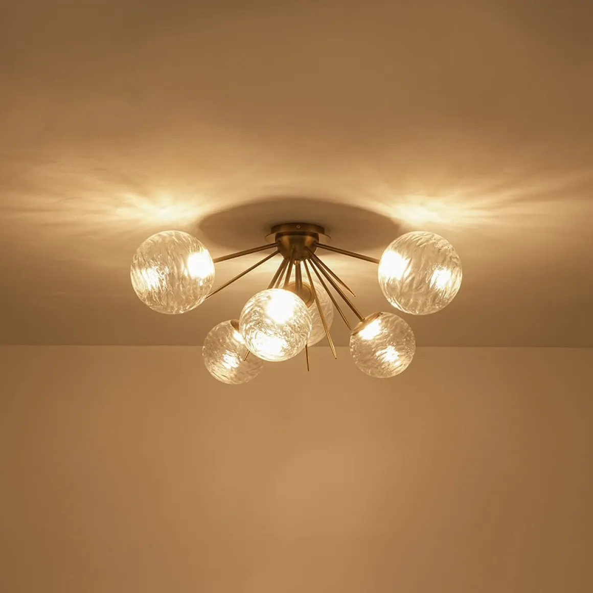 Dimmable LED 6-Light Ripple Glass Sputnik Semi Flush Chandelier