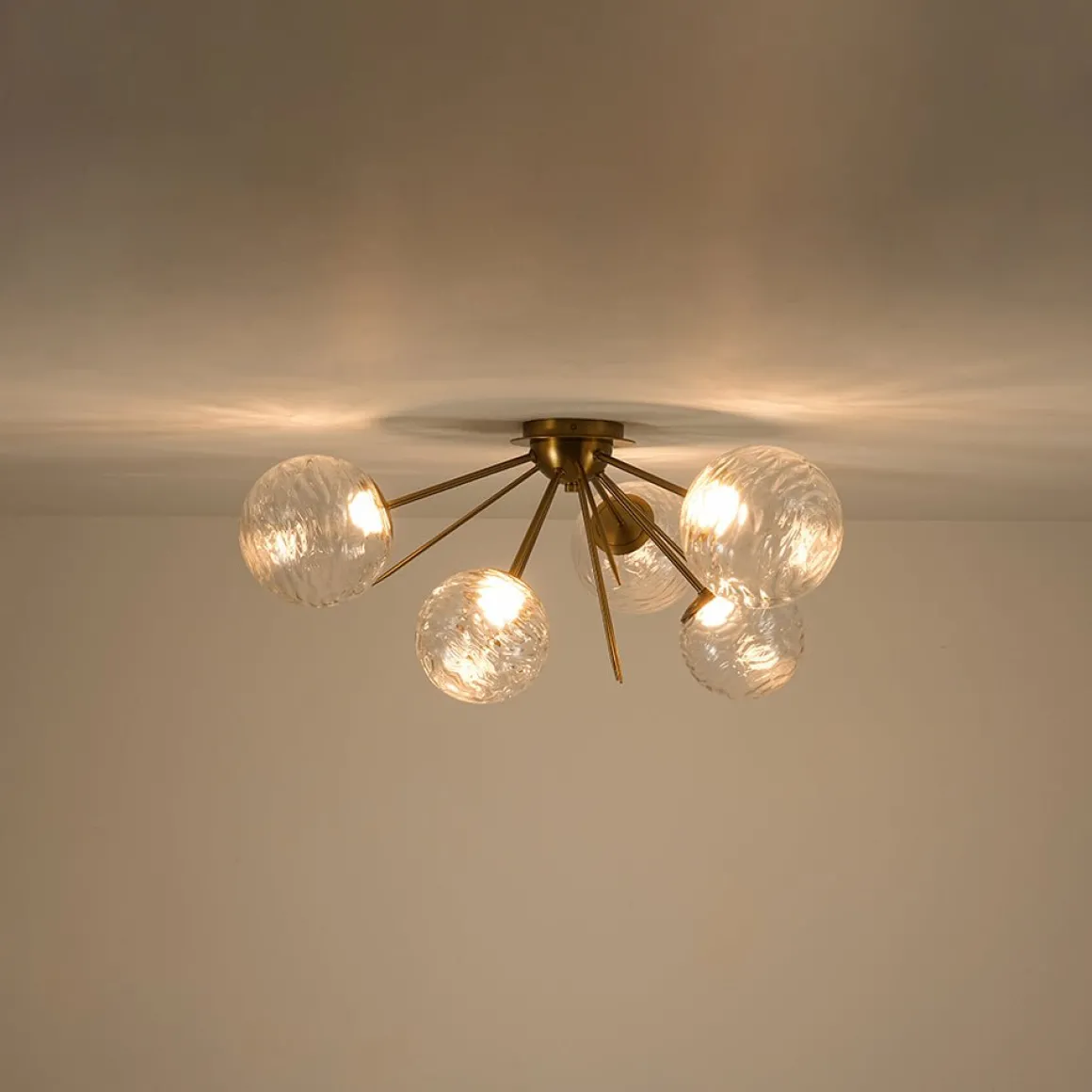 Dimmable LED 6-Light Ripple Glass Sputnik Semi Flush Chandelier