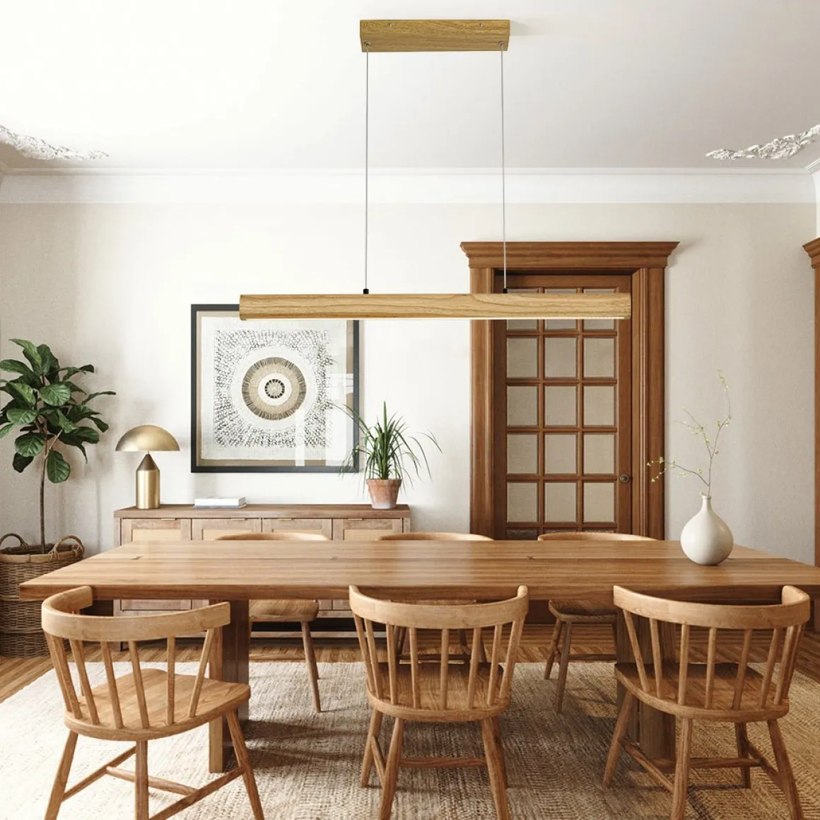 Dimmable LED Pine Wooden Wide Linear Island Pendant
