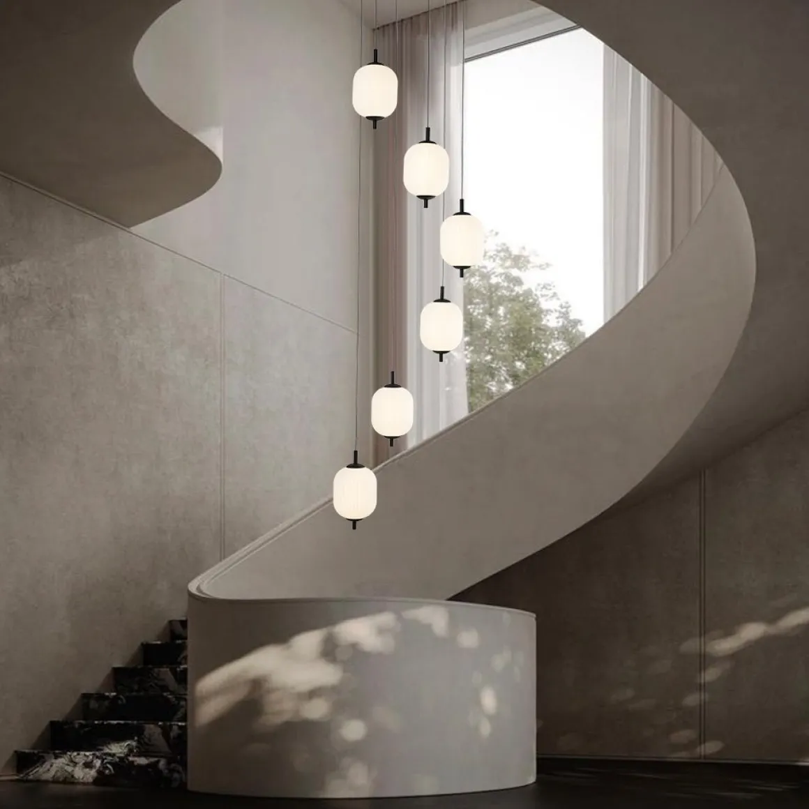 Dimmable LED Ribbed White Glass 6-Light Cluster Round Pendant