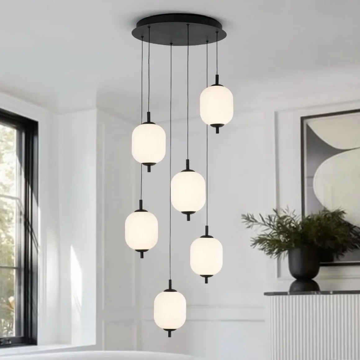 Dimmable LED Ribbed White Glass 6-Light Cluster Round Pendant
