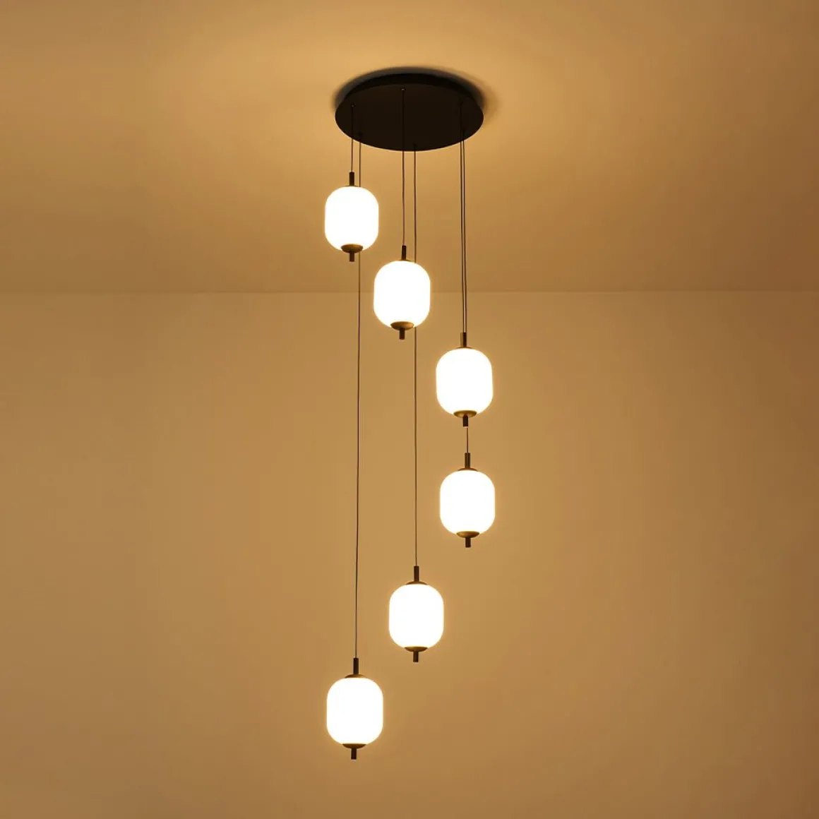 Dimmable LED Ribbed White Glass 6-Light Cluster Round Pendant