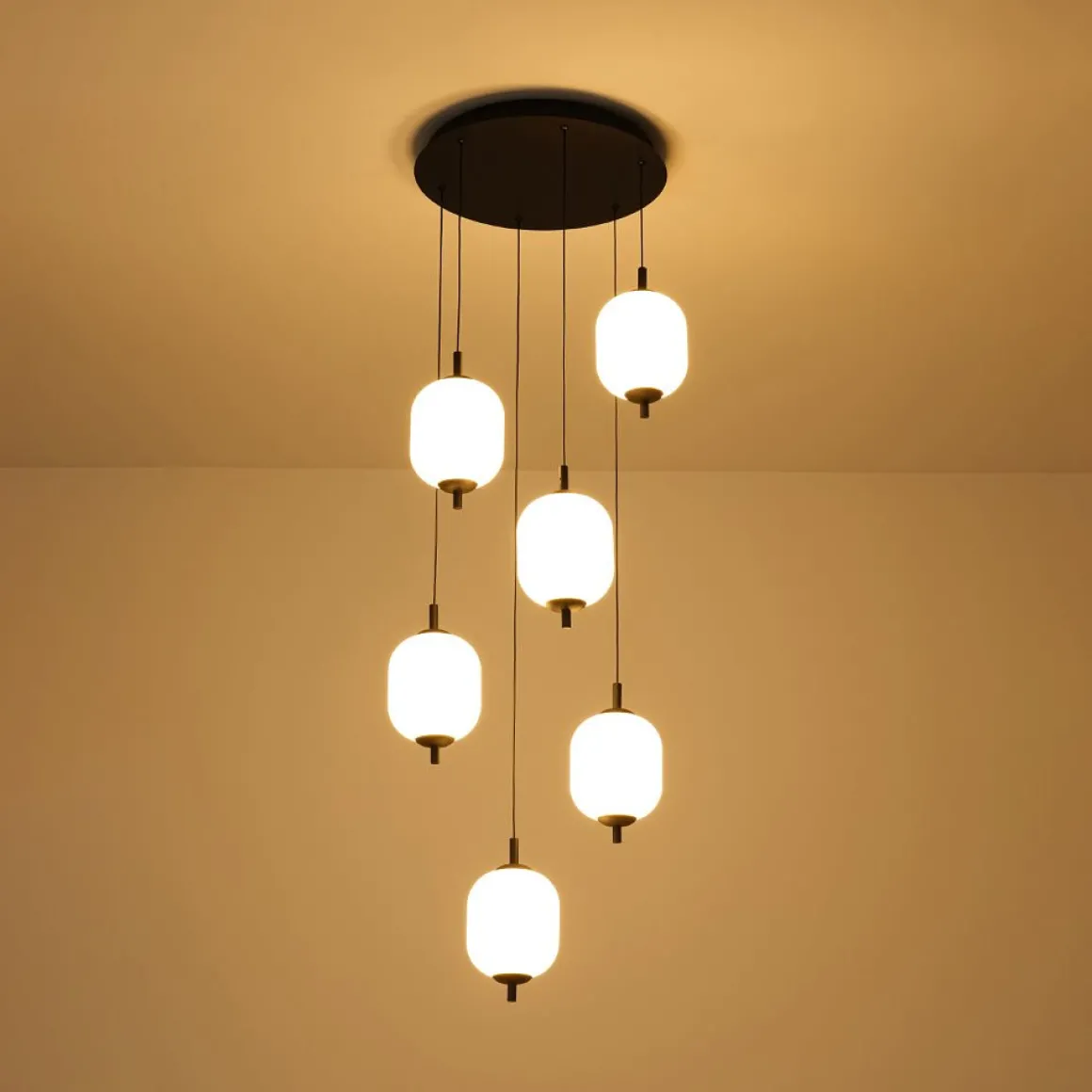 Dimmable LED Ribbed White Glass 6-Light Cluster Round Pendant