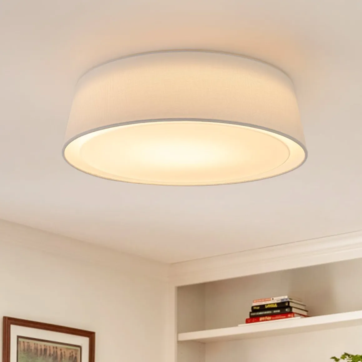 Dimmable LED White Fabric Milky Glass Drum Ceiling Light