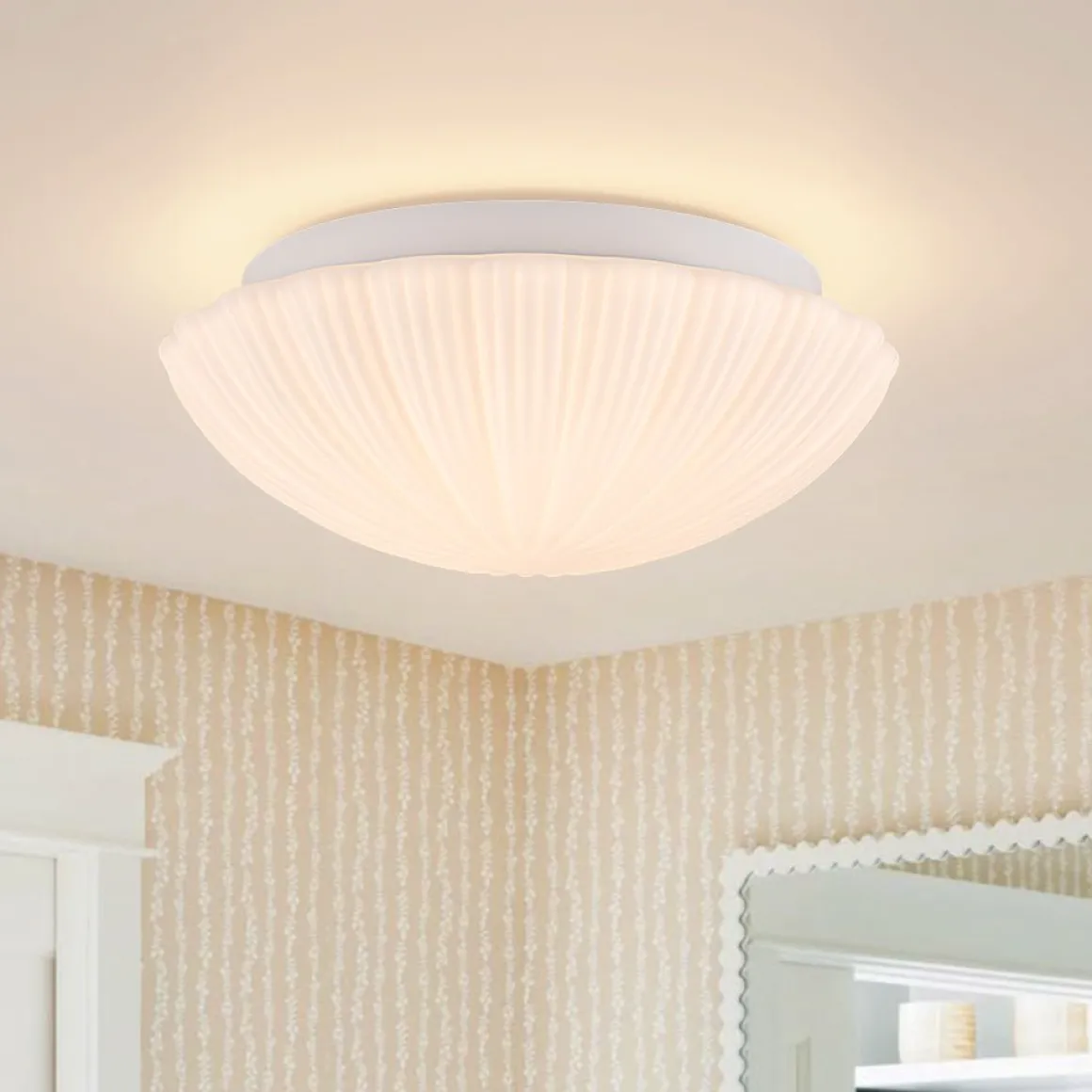 Dimmable LED White Ribbed Glass Scalloped Ceiling Light