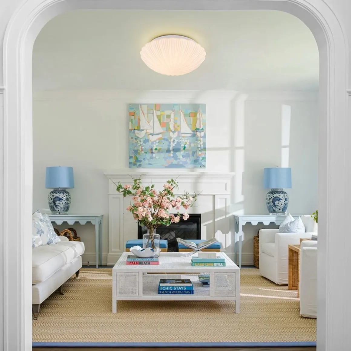 Dimmable LED White Ribbed Glass Scalloped Ceiling Light