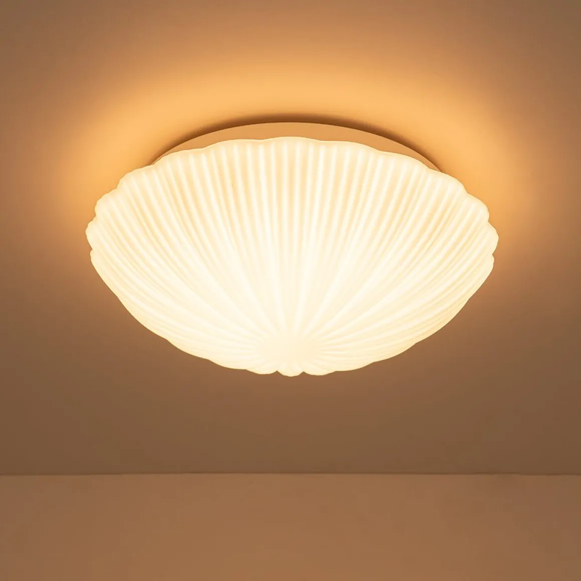 Dimmable LED White Ribbed Glass Scalloped Ceiling Light