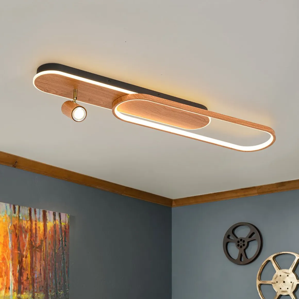 Dimmable LED Wood Linear Oval Semi Flush Adjustable Spotlight