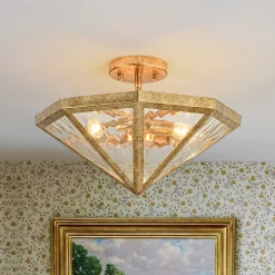 Distressed Gold Geometric Water Glass Cage Semi Flush Mount