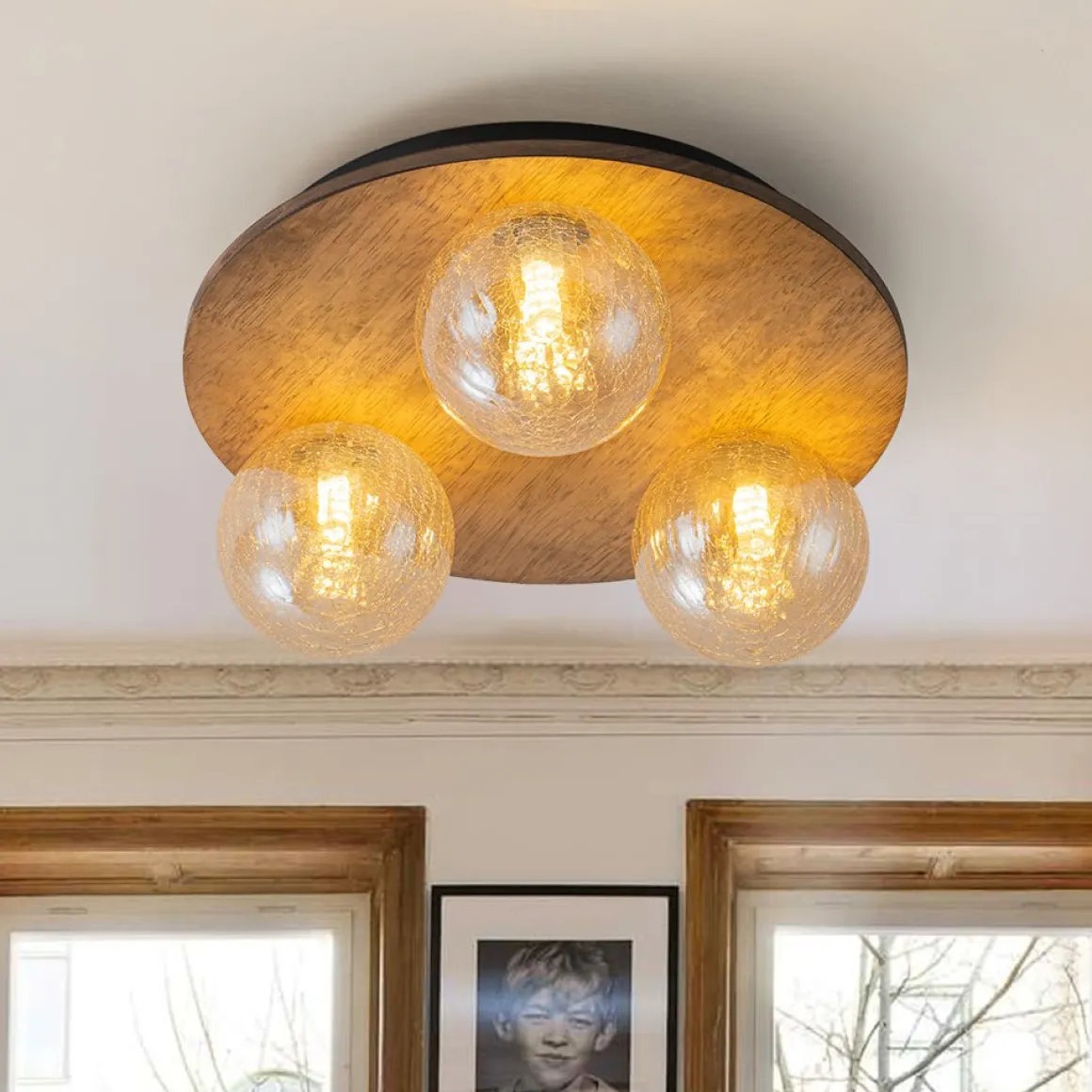 Farmhouse Amber Textured Glass Wooden Round Ceiling Light