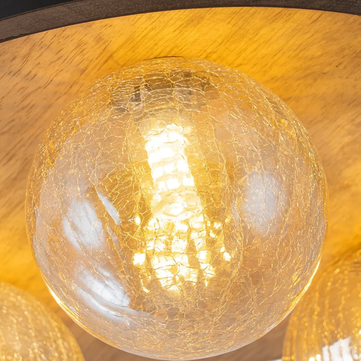 Farmhouse Amber Textured Glass Wooden Round Ceiling Light