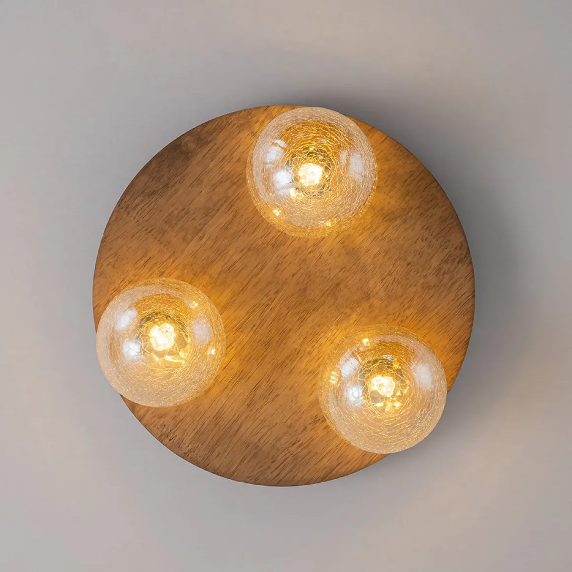 Farmhouse Amber Textured Glass Wooden Round Ceiling Light