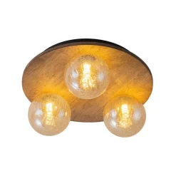 Farmhouse Amber Textured Glass Wooden Round Ceiling Light