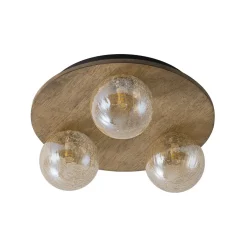 Farmhouse Amber Textured Glass Wooden Round Ceiling Light