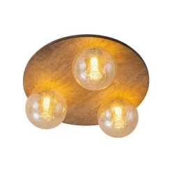 Farmhouse Amber Textured Glass Wooden Round Ceiling Light