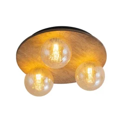 Farmhouse Amber Textured Glass Wooden Round Ceiling Light