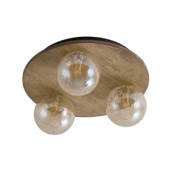 Farmhouse Amber Textured Glass Wooden Round Ceiling Light