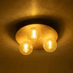 Farmhouse Amber Textured Glass Wooden Round Ceiling Light