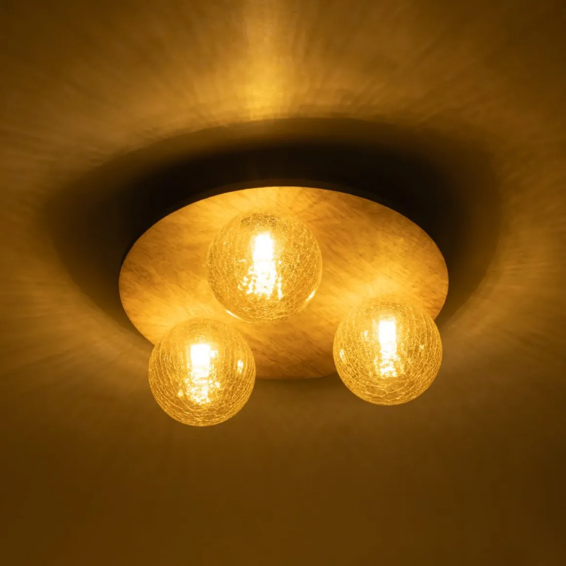 Farmhouse Amber Textured Glass Wooden Round Ceiling Light