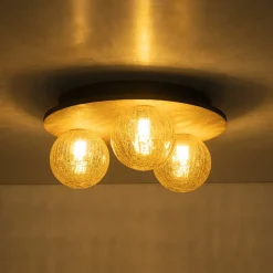 Farmhouse Amber Textured Glass Wooden Round Ceiling Light