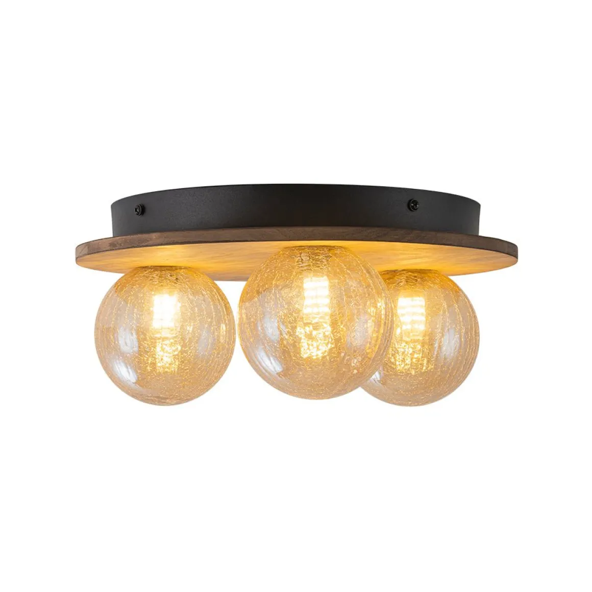 Farmhouse Amber Textured Glass Wooden Round Ceiling Light