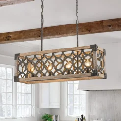 Farmhouse Antique Wooden Rectangle Box Linear Chandelier