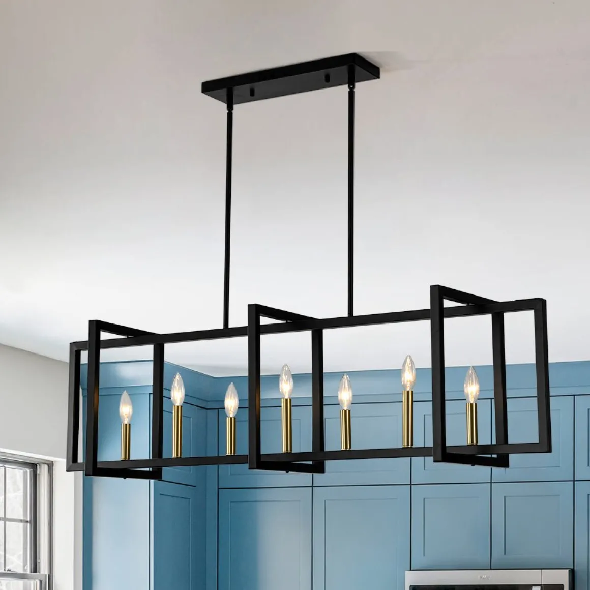 Farmhouse Candle Style Linear Rectangular Cage Island Chandelier