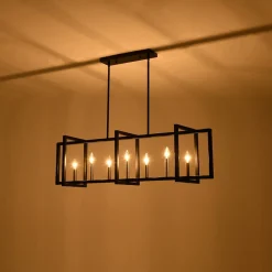 Farmhouse Candle Style Linear Rectangular Cage Island Chandelier