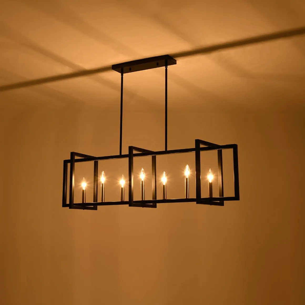 Farmhouse Candle Style Linear Rectangular Cage Island Chandelier