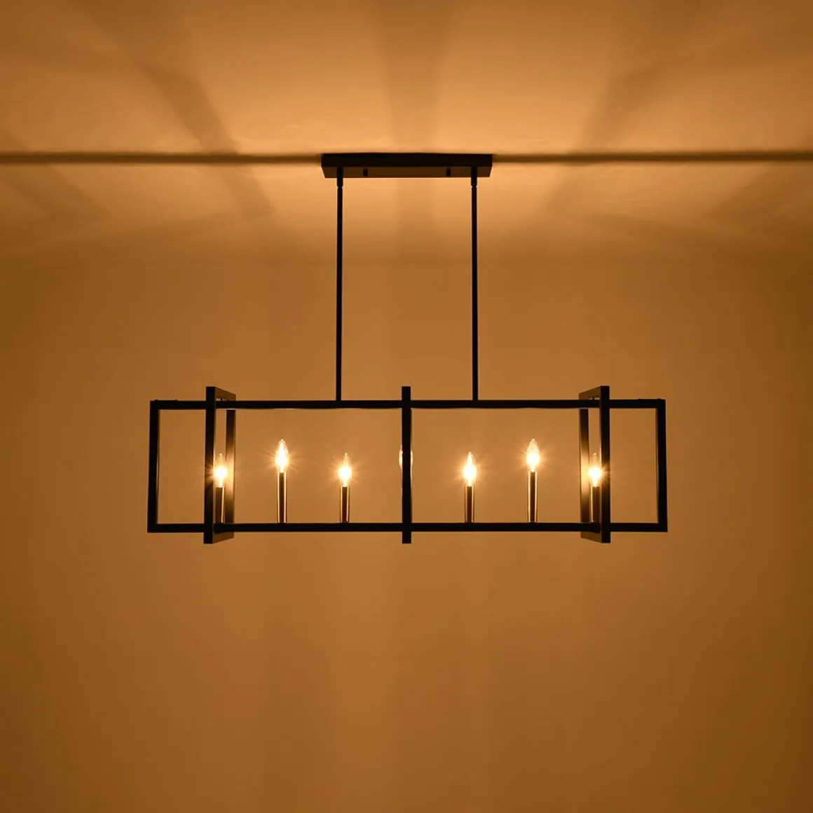 Farmhouse Candle Style Linear Rectangular Cage Island Chandelier