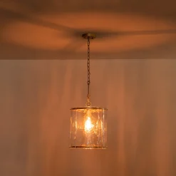 Farmhouse Clear Textured Glass Cylinder Cage Pendant