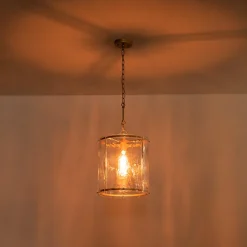Farmhouse Clear Textured Glass Cylinder Cage Pendant