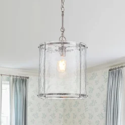 Farmhouse Clear Textured Glass Cylinder Cage Pendant