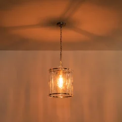 Farmhouse Clear Textured Glass Cylinder Cage Pendant