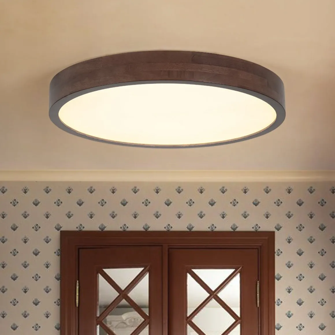 Farmhouse Dimmable LED Walnut Wood Round Flush Mount