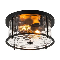 Farmhouse Hammered Glass Round Drum Flush Mount Light