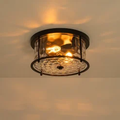 Farmhouse Hammered Glass Round Drum Flush Mount Light