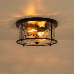 Farmhouse Hammered Glass Round Drum Flush Mount Light