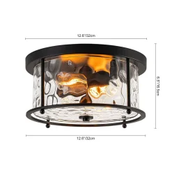 Farmhouse Hammered Glass Round Drum Flush Mount Light
