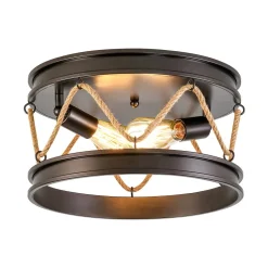 Farmhouse 2-Light Hemp Rope Iron Drum Cage Flush Mount