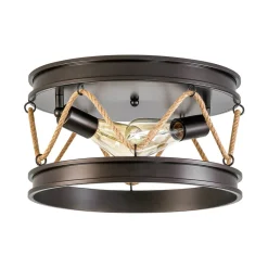 Farmhouse 2-Light Hemp Rope Iron Drum Cage Flush Mount