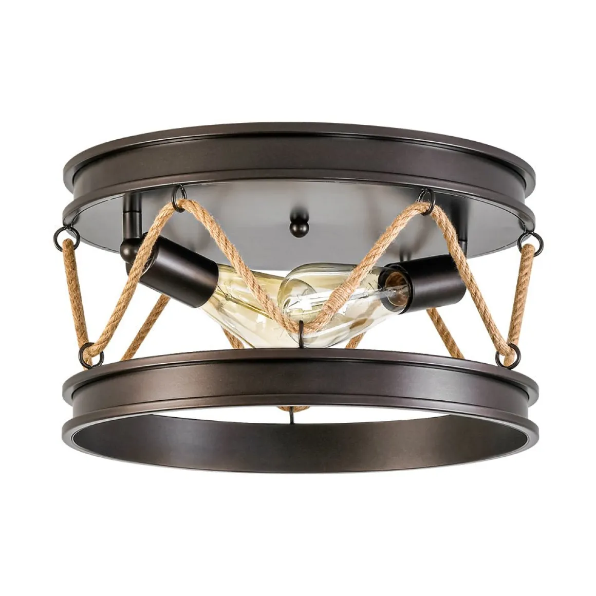 Farmhouse 2-Light Hemp Rope Iron Drum Cage Flush Mount