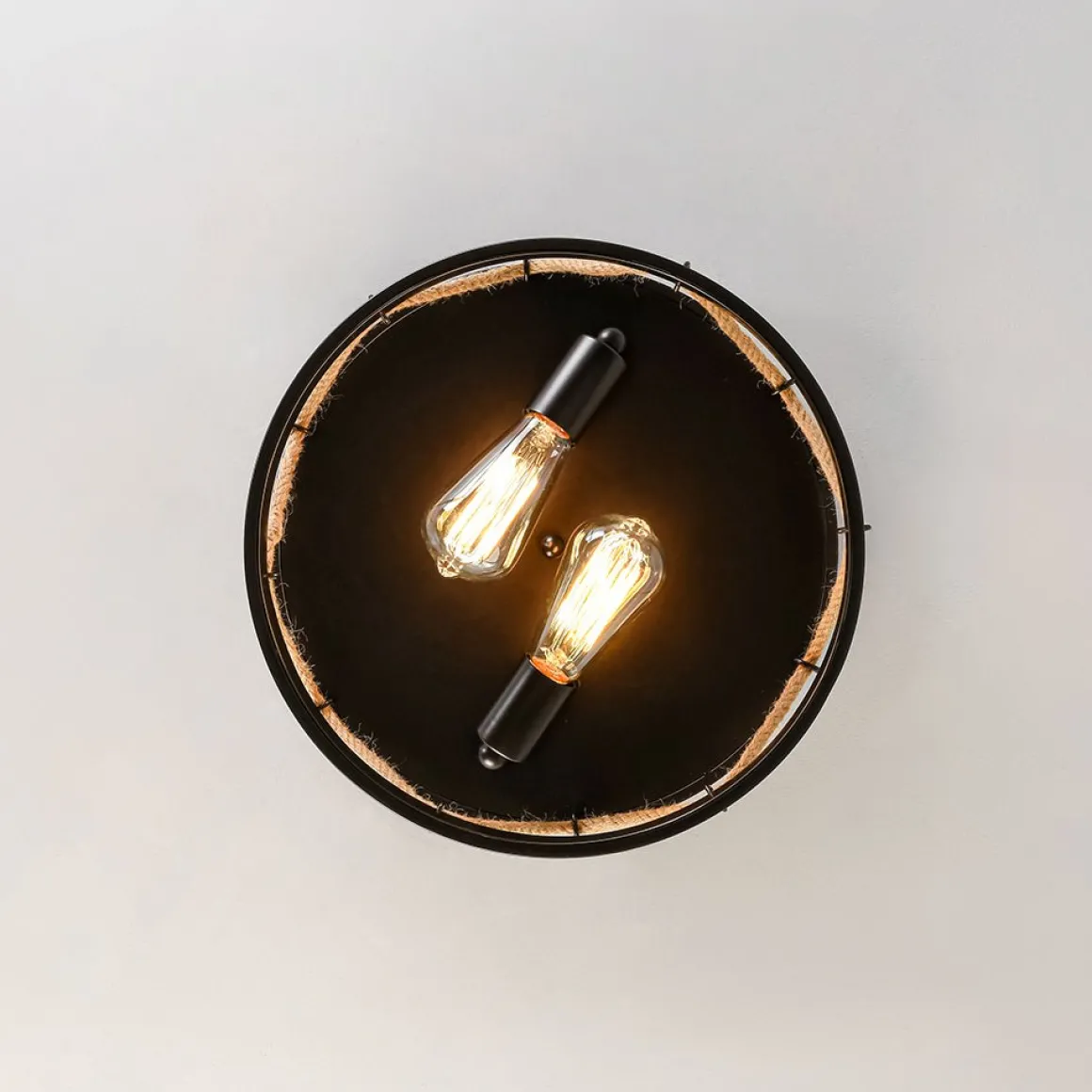 Farmhouse 2-Light Hemp Rope Iron Drum Cage Flush Mount