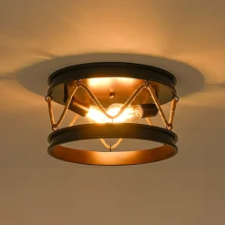 Farmhouse 2-Light Hemp Rope Iron Drum Cage Flush Mount