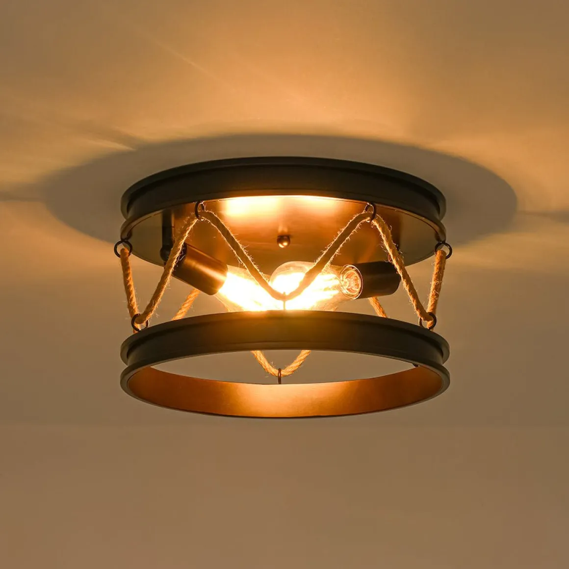 Farmhouse 2-Light Hemp Rope Iron Drum Cage Flush Mount